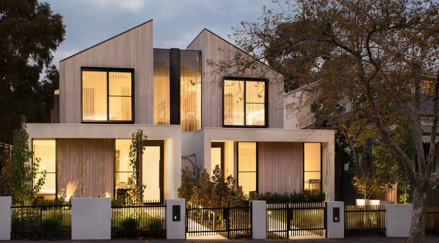 camberwell-residences-front-exterior-facade-dusk-kairouz-architects